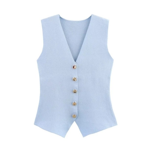 Gilet élégant pour femmes avec boutons Top uni avec décolleté en V Accessoire stylé pour chemisiers et t-shirts Différentes couleurs Polyester bleu L