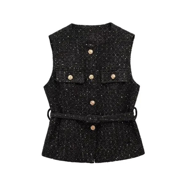 Gilet élégant pour femmes uni avec ceinture et poches sur la poitrine Gilet stylé avec décolleté en O Fermeture à boutons Différentes noir brillant XS