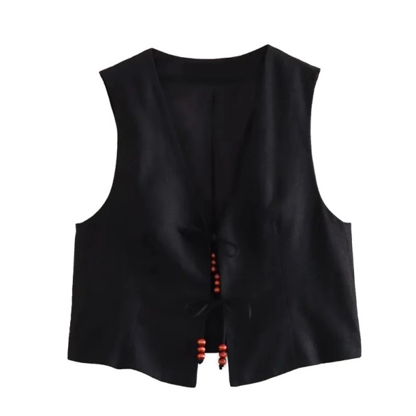 Gilet élégant pour femmes uni avec décolleté en V Fermeture à lacets Gilet en polyester stylé sans manches Différentes couleurs noir XS