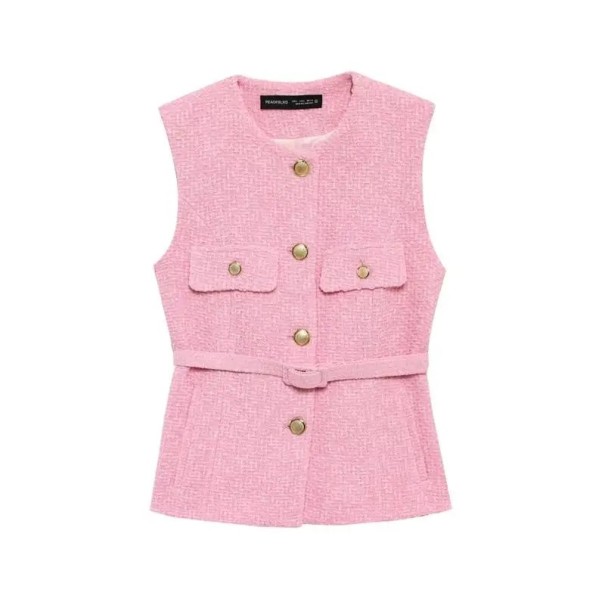 Gilet elegante da donna monocolore con cintura e taschini sul petto Gilet alla moda con scollatura a O Chiusura con bottoni Vari colori rosa XS