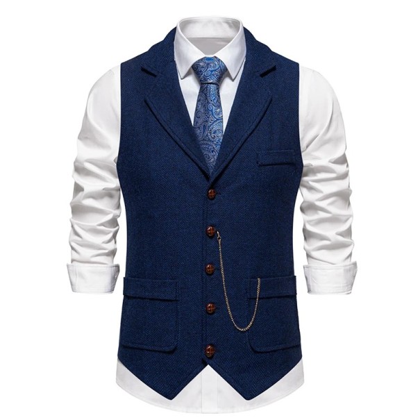 Gilet elegante da uomo con catena e tasche Gilet monocolore con colletto a bottoni Gilet formale blu S