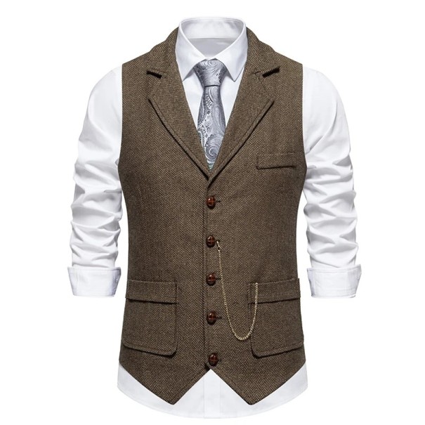 Gilet elegante da uomo con catena e tasche Gilet monocolore con colletto a bottoni Gilet formale marrone XXL