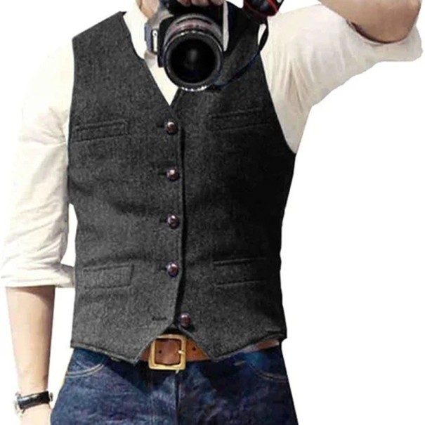 Gilet elegante da uomo con tasche e taschino sul petto Gilet da cerimonia monocolore con bottoni nero M