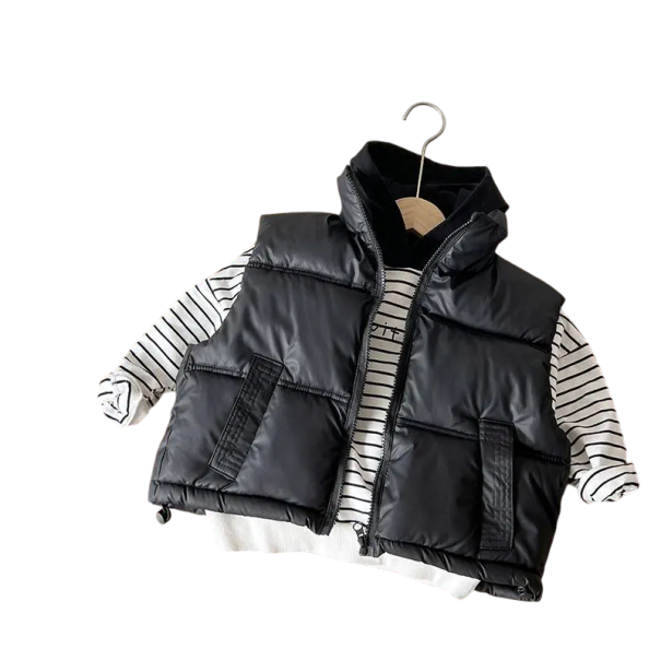 Gilet en duvet pour enfants Veste épaisse d'automne et d'hiver pour garçons et filles Gilet uni avec col roulé, zip et poches en polyester noir 7