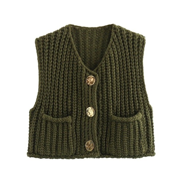 Gilet en maille élégant pour femmes avec décolleté en V et poches Gilet uni avec fermeture à boutons Pull en polyester confortable de différentes couleurs vert foncé M