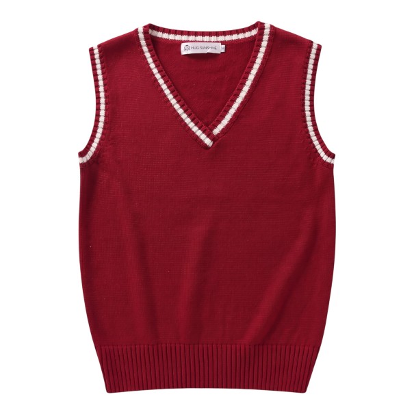 Gilet en tricot avec décolleté en V et bande décorative sur les bords du décolleté et des emmanchures avec une large ceinture côtelée rouge L