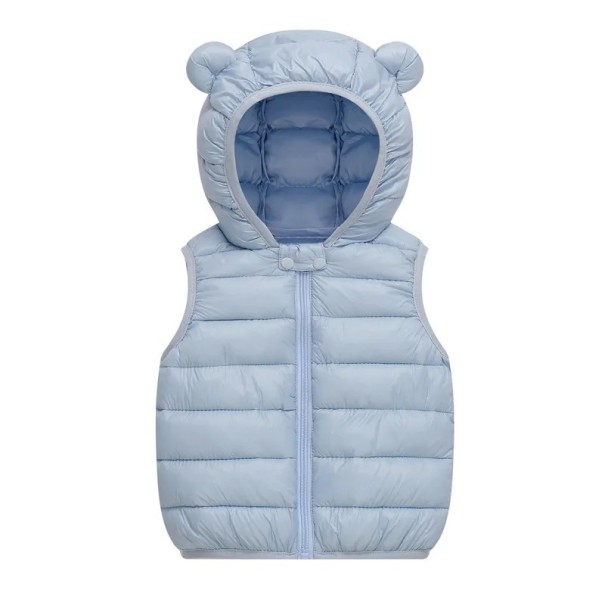 Gilet in piuma per bambini con cappuccio e orecchie Giacca calda in cotone per autunno e inverno per neonati e ragazze Gilet monocolore con zip in poliestere e cotone azzurro 4