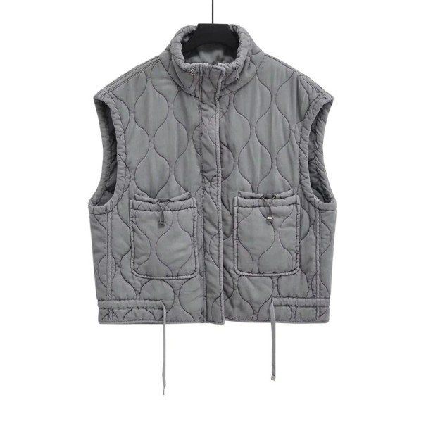 Gilet invernale grigio da donna con scollatura a O e lacci in vita M
