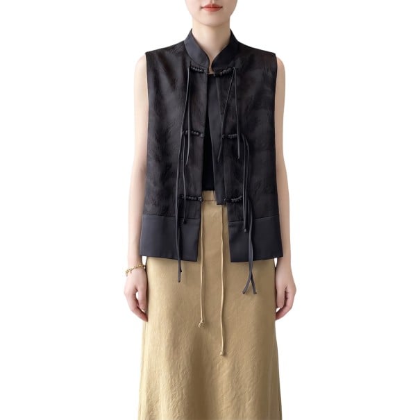Gilet jacquard da donna in stile cinese con colletto e bottoni decorativi a nodo con lunghe stringhe e spacco laterale nero S