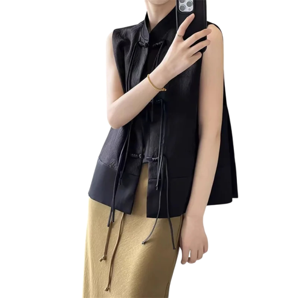 Gilet jacquard da donna senza maniche con colletto e chiusura a bottoni Elegante gilet monocolore in poliestere e cotone per un uso quotidiano nero L