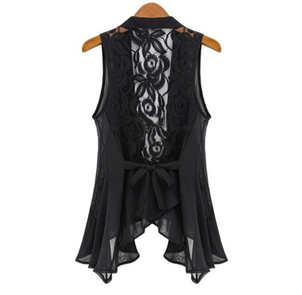 Gilet nero in pizzo da donna senza maniche con colletto Pizzo floreale sulla schiena Fiocco in vita Orlo asimmetrico a punta Poliestere e cotone M