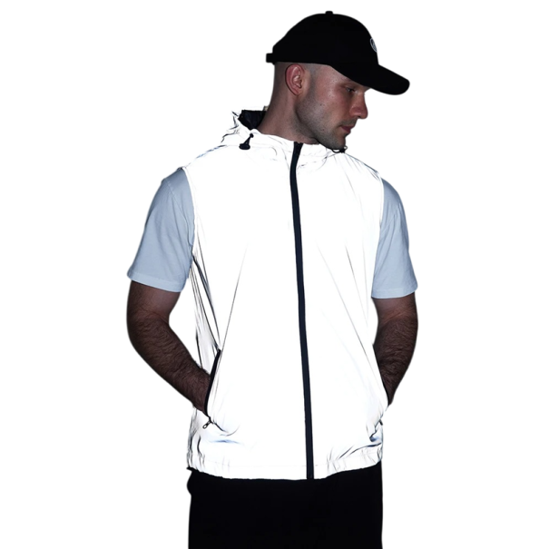 Gilet riflettente da uomo con zip e tasche in poliestere grigio per corsa, ciclismo, escursionismo e attività all'aperto quotidiane S