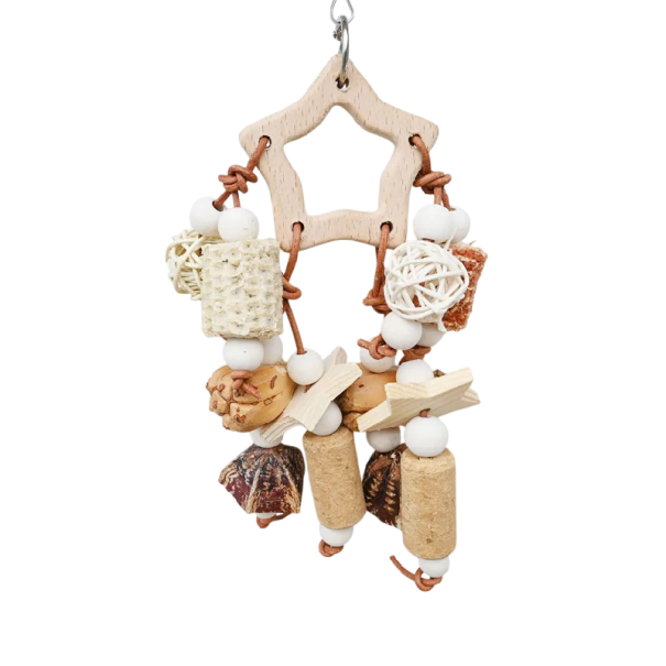 Giocattolo appeso per uccelli masticabile a forma di stella 12x23 cm legno sughero pannocchia di mais naturale da gabbia per masticare e giocare 1