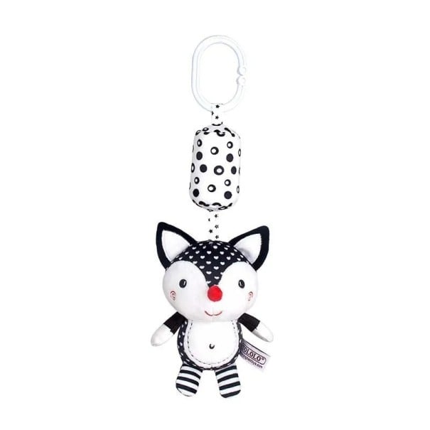 Giocattolo sospeso bianco e nero per neonati 32 x 8 cm Volpe di peluche con sonaglio e clip per passeggino Lettino Seggiolino auto Giocattolo sonoro 1