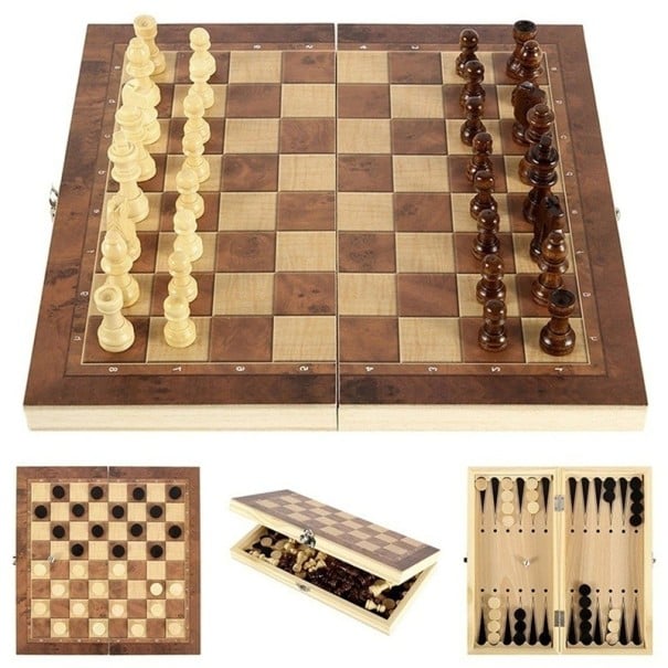 Gioco da tavolo in legno 3 in 1 Scacchi Dama Dama 29 x 29 cm Giochi da tavolo classici per 2 giocatori Divertimento sociale Design pieghevole Set 1