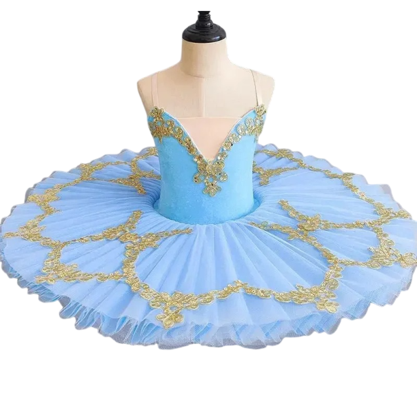 Girls' Ballet Tutu Skirt for Children with Gold Embroidery and Sequins, Chiffon Pancake Skirt, Suitable for Performances, Competitions and Ballet Rehearsals blue 6