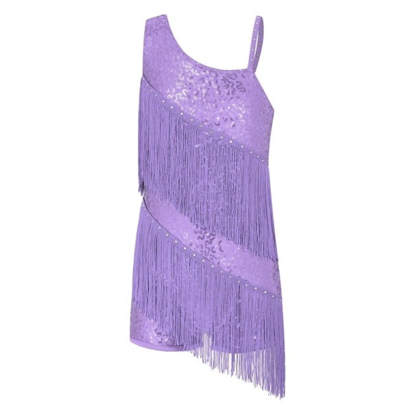 Girls' Dance Dress with Sequins and Layered Fringes, Asymmetrical Straps with Rhinestones, Polyester Material, for Latin and Performances purple 6