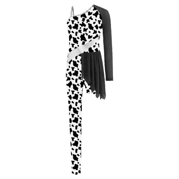 Girls' Dance Jumpsuit with Cow Print and Asymmetrical Sleeve, Black and White Nylon and Elastane Jumpsuit for Jazz, Show Dance and Carnival 14