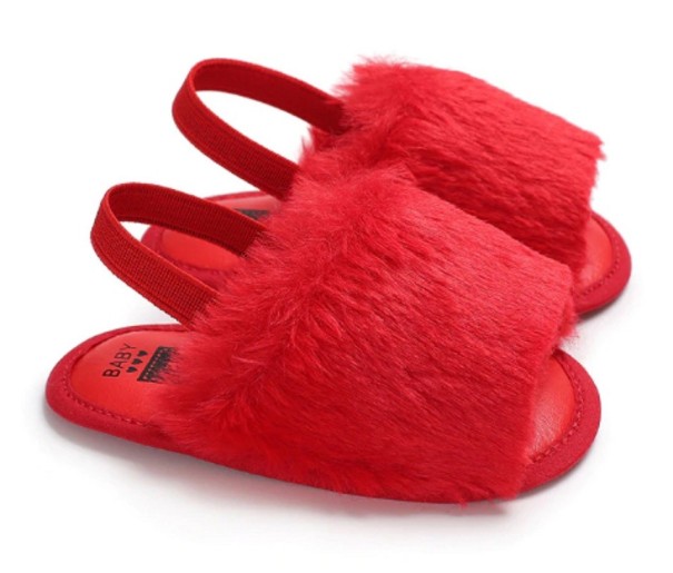 Girls' Fuzzy Slippers with Strap red 12-18 months