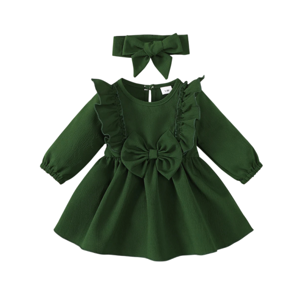 Girls' Long Sleeve Dress with Bow, Ruffles and Round Neckline with Headband for Little Ones for Celebrations and Everyday Wear green 6-9 months