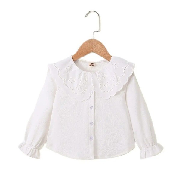 Girls' Long Sleeve T-Shirt White Top with Lace Hollow Collar and Buttons Korean Style Autumn Clothing for Toddlers Polyester 3