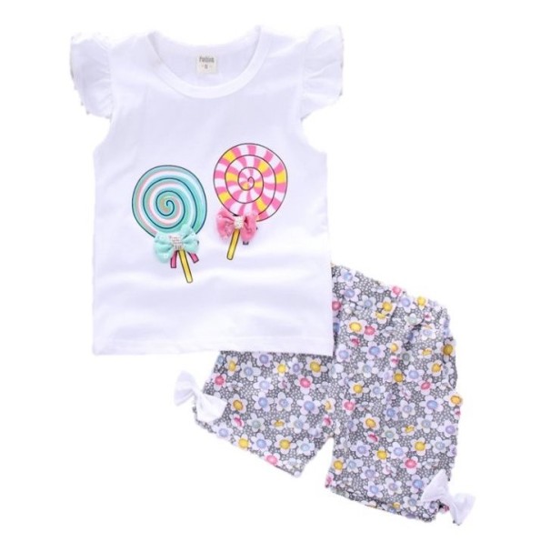 Girls' Set - T-Shirt with Lollipops and Floral Shorts J2493 white 4