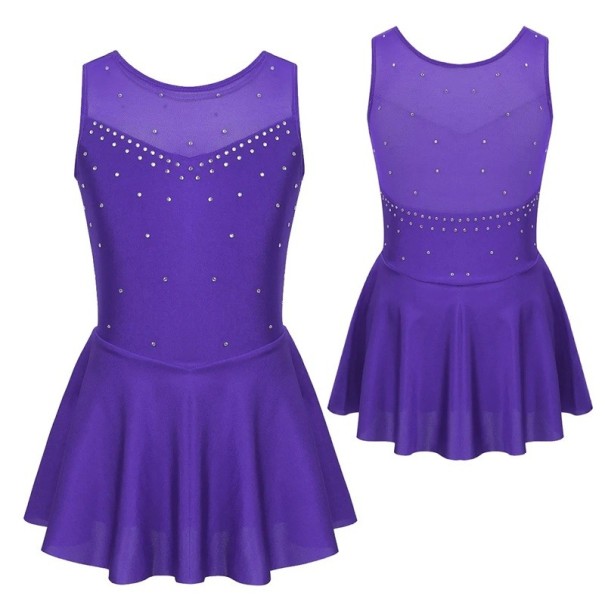 Girls' Sleeveless Ballet Dress with Rhinestones and Skirt, Mesh Neckline, Nylon Polyester Elastane, Dance Leotard for Ballet purple 10