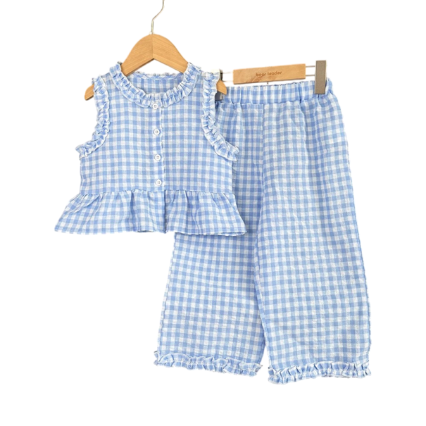 Girls' Summer Set Cotton Checked Top with Wide Straps Gathered and Buttons Blue Checked Trousers Comfortable Outfit 8