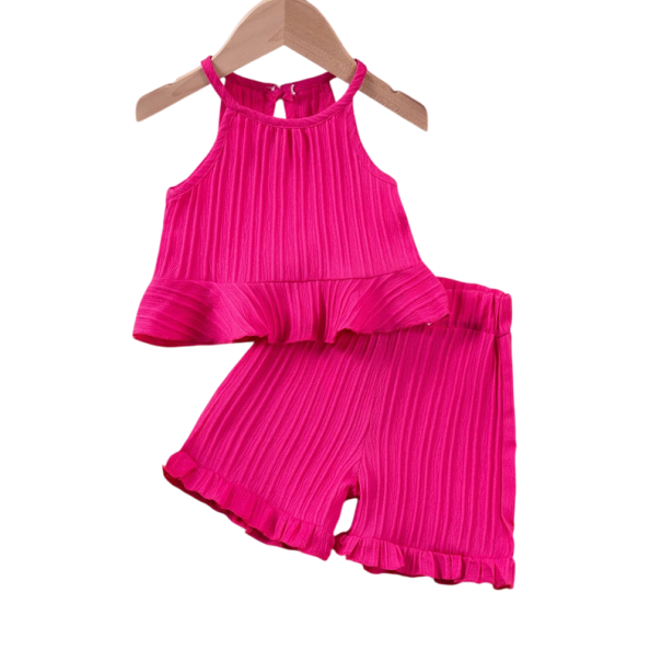 Girls' Summer Set with Thin Straps Top and Ruffled Shorts O-Neck Lightweight Comfortable Outfit for Girls pink 4