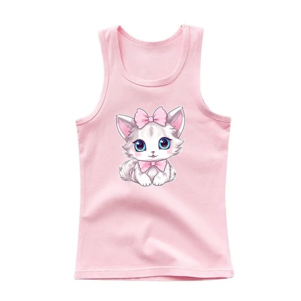 Girls' Summer Sleeveless Top 100% Cotton Plain T-Shirt with Cartoon Cat Cute Princess Top for Kids Comfortable Various Colours pink 12