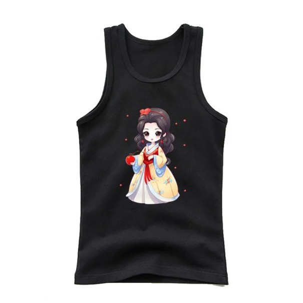 Girls' Summer Sleeveless Top 100% Cotton Plain T-Shirt with Cartoon Princess Cute Fashion Top for Children Comfortable Various Colours black 12