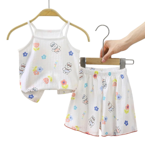 Girls' White Summer Set with Thin Straps Top and Shorts Bunny and Flower Print O-Neck 2