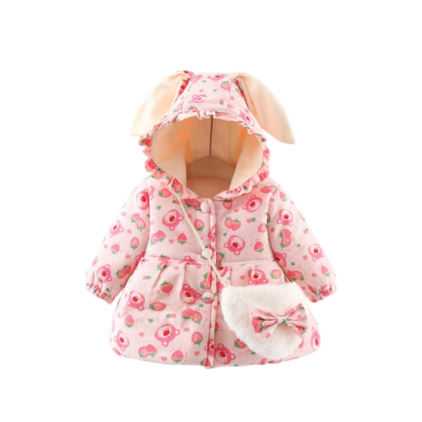 Girls' Winter Coat with Button Fastening, Hood with Bunny Ears and Ruffles, Warm Polyester Jacket with Plush Handbag light pink 3