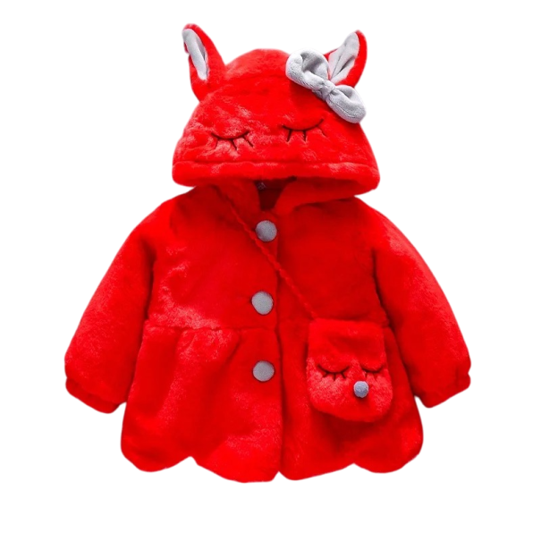 Girls' Winter Coat with Buttons and Fur Hood with Ears, Eyes and Bow Cotton Warm Jacket with Plush Handbag as a Gift for Little Ladies red 3