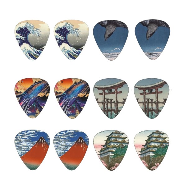 Gitarrenzupfer 2,6 x 3,0 cm Dicke 0,71 mm Set 12 Stück Sechs Motive inspiriert von der japanischen Kultur Zupfer für Gitarre, Bass und Ukulele