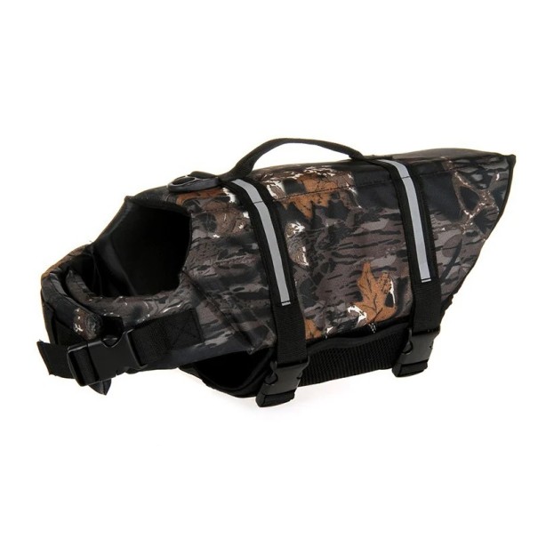Giubbotto di salvataggio per piccoli cani con maniglia sulla schiena Motivo mimetico marrone e nero Lunghezza schiena 21 cm Circonferenza torace 30 a 42 cm Per cani da 1,5 a 3,5 kg 1