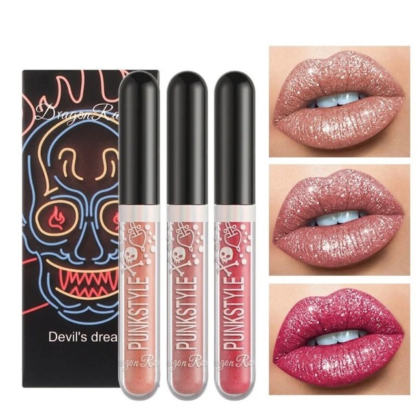 Glanzende lippenstiftset, glitter, waterdichte lippenstift, langdurige lippenstift, 3 stuks 1