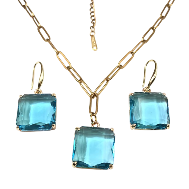 Glas Schmuckset Halskette und Ohrringe 48+5 cm Bunter klarer quadratischer Anhänger aus Edelstahl Elegantes Modeaccessoire blau