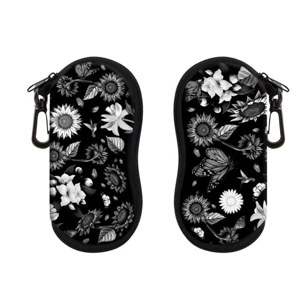 Glasses Case 17.9 x 8.5 cm Black and White Floral Pattern Zip with Carabiner Protective Case for Prescription and Sunglasses 1