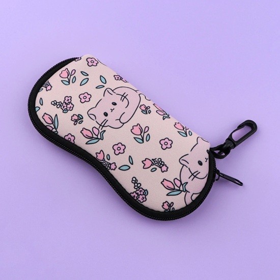 Glasses Case 17.9 x 8.5 cm with Cat and Flower Design Soft Protective Zip Case with Carabiner 1