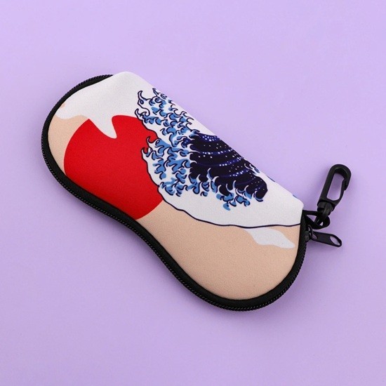 Glasses Case 17.9 x 8.5 cm With Sea Wave and Red Sun Motif Japanese Style Zip Carabiner Protective Glasses Case 1