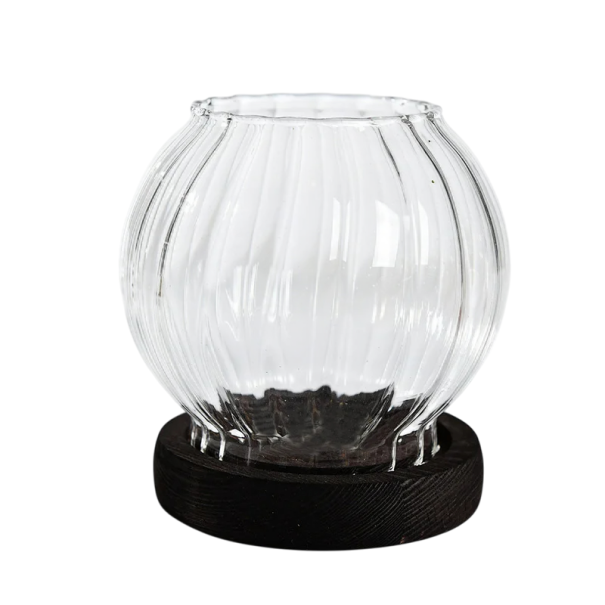 Glazen kandelaar 10 × 9,5 × 4 cm Transparante ronde retro kandelaar met houten voet Winddichte hoes Tafeldecoratie Bruiloftsornament 1