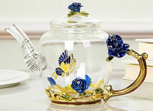 Glazen theepot roos blauw