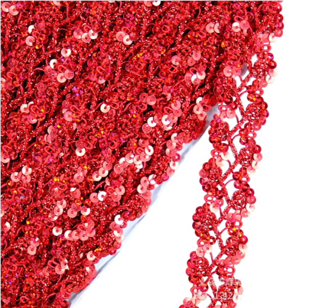 Glitrende blonderbånd 1 cm x 11 m Polyester dekorativt blonder med glimmer til udsmykning af kjoler, tøj, kostumer, tekstiler, sytilbehør rød