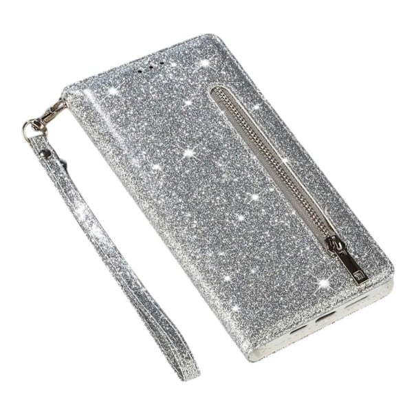 Glitrende flip cover til Samsung Galaxy A16 Holdbart Lynlås Lomme til kort Håndledsrem Stativfunktion Flip mobilcover sølv