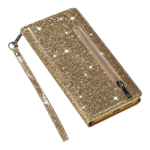Glittrande plånboksfodral för Samsung Galaxy A15 Hållbart Fodral med dragkedja Kortfickor Handledsrem Ställfunktion Flip mobilfodral guld