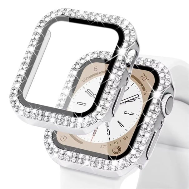 Glittrový kryt pro Apple Watch 45 mm Tvrzené sklo ochrana displeje Full frame ochranné pouzdro pro Apple Watch Series 9 8 7 iWatch stříbrná