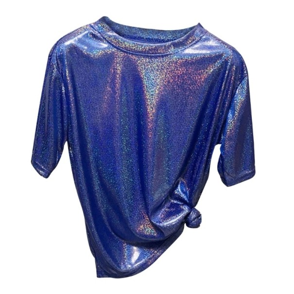 Glitzerndes Kurzarm-T-Shirt für Damen Lockerer Schnitt Glänzendes Oberteil mit Rundhalsausschnitt Modisches T-Shirt für Partys und den Alltag blau