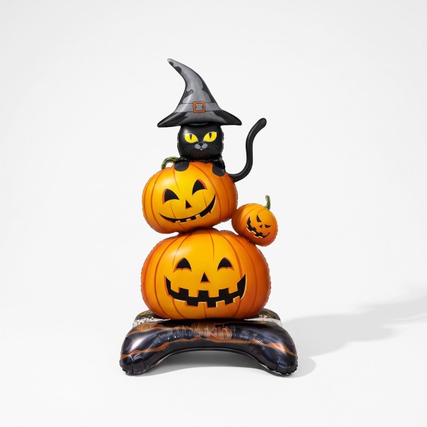 Globo de foil de pie Gato negro con sombrero de bruja sobre calabazas Sin inflar 68 x 140 cm Naranja y negro Decoración de Halloween 1