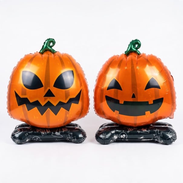 Globo Inflable de Calabaza Doble Cara Decoración de Halloween 45 x 36 cm Globo de Foil con Base Naranja y Negro Decoración para Halloween 1